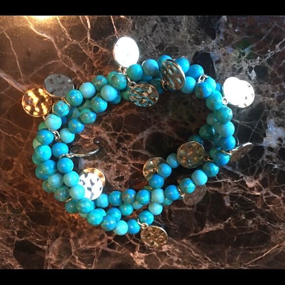 THREE STRAND Blue & Gold Coin Bracelet - Picture 4 of 4